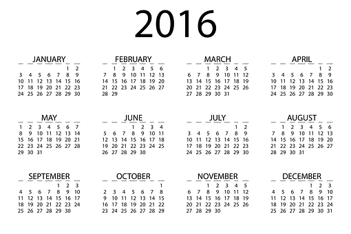 2016 Yearly Calendar Blackand White PNG with transparent background