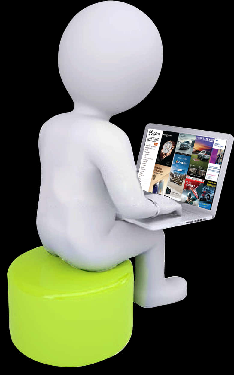3 D Figure Using Laptop On Stool PNG with transparent background