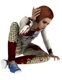 3 D Rendered Woman Sitting Bloodied Clothes