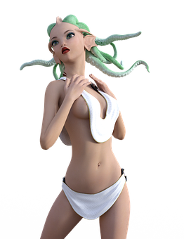 a cartoon of a woman with a green hair and a white garment PNG with transparent background