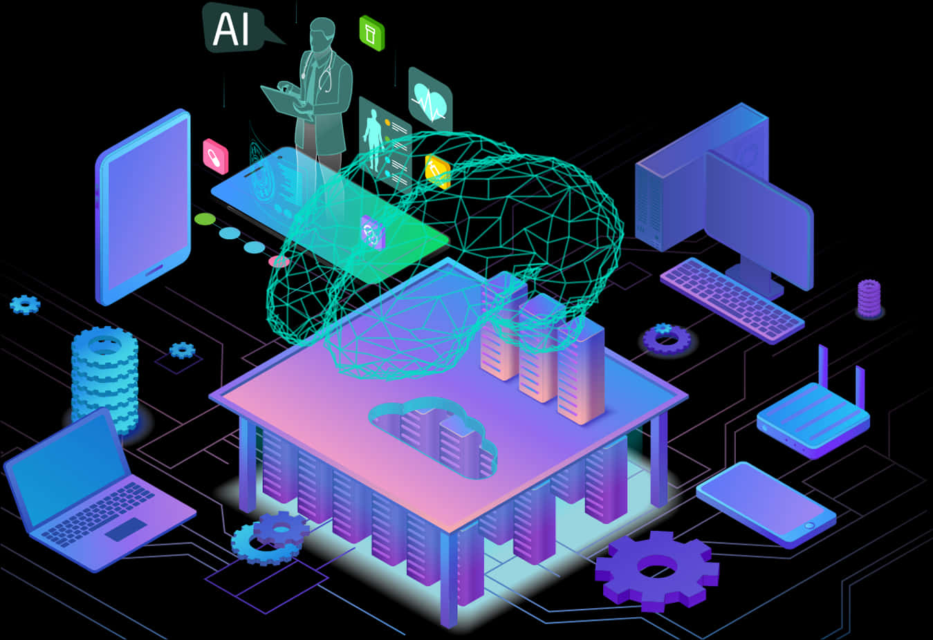 A I Technology Network Illustration PNG image with a transparent background, free high-resolution download