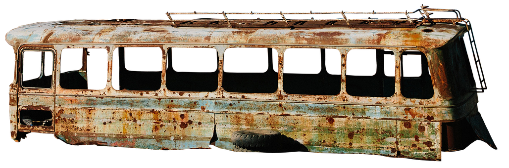 Abandoned Rusty Bus Wreckage PNG with transparent background