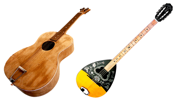 Acoustic Guitarand Russian Balalaikaon Black Background PNG with transparent background