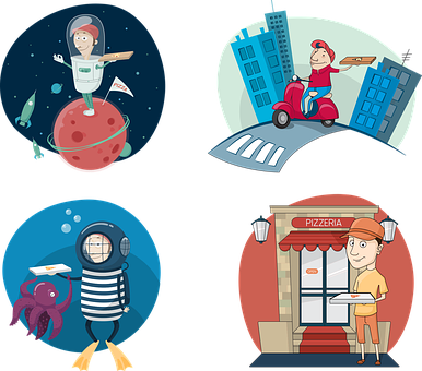 Adventurous Pizza Delivery Illustrations PNG with transparent background