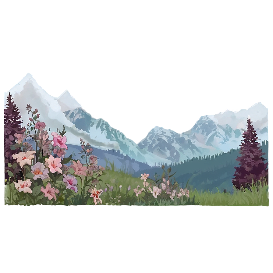 Aesthetic Flowers With Mountain Background Png Moc44