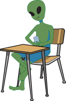 Alien Studyingat Desk PNG with transparent background