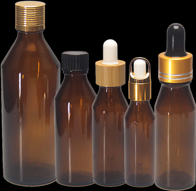 Amber Glass Bottles Variety PNG with transparent background