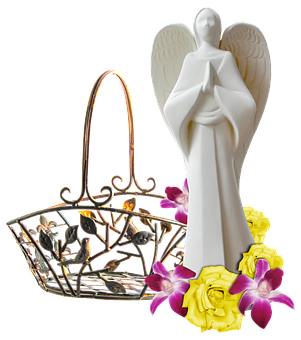 Angel Figurineand Decorative Basket PNG with transparent background