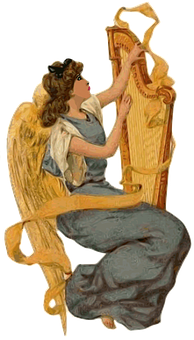 Angel Playing Harp Vintage Illustration PNG with transparent background