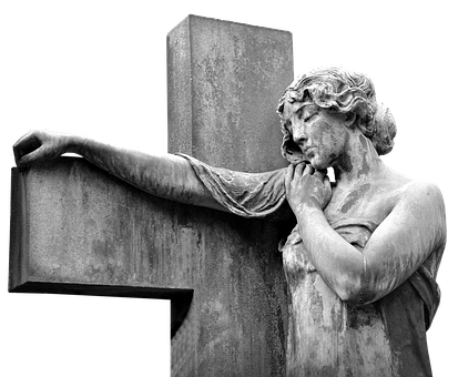 Angel Statue Leaning On Cross PNG with transparent background