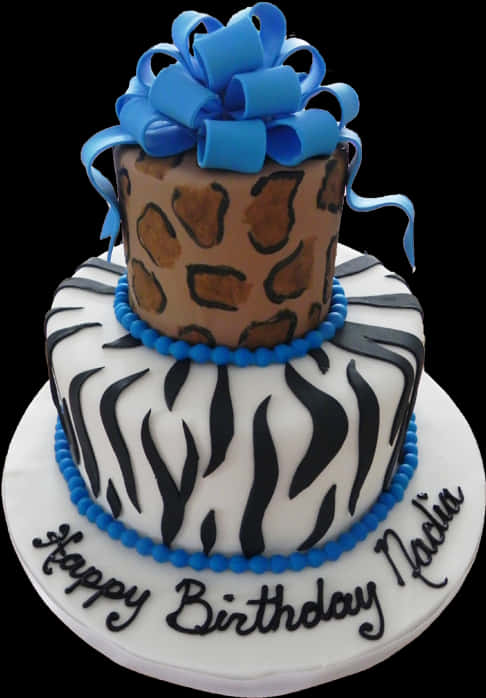 Animal Print Tiered Birthday Cakewith Blue Bow