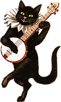 Animated Black Cat Playing Banjo PNG with transparent background
