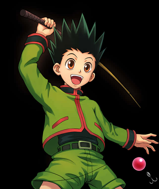 Animated Character Gon Fishing Rodand Ball PNG with transparent background