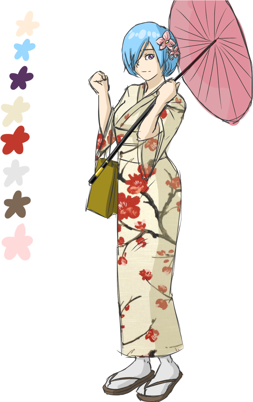 Animated Characterin Floral Kimonowith Umbrella PNG with transparent background