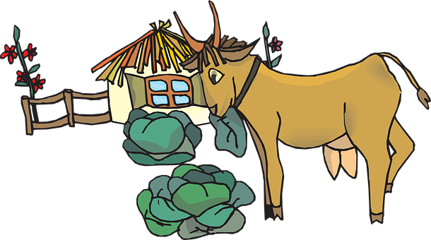 Animated Cowand Thatched Cottage PNG with transparent background