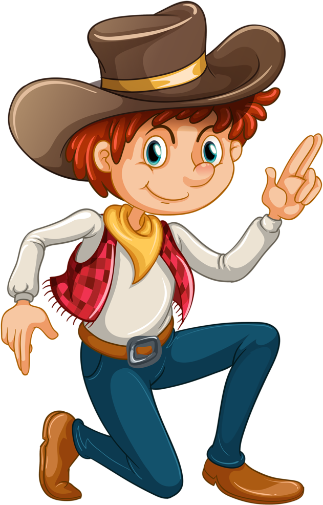 Animated Cowboy Character Pointing Upward PNG with transparent background