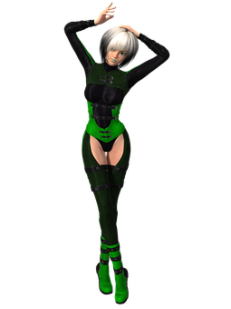 Animated Female Characterin Green Bodysuit