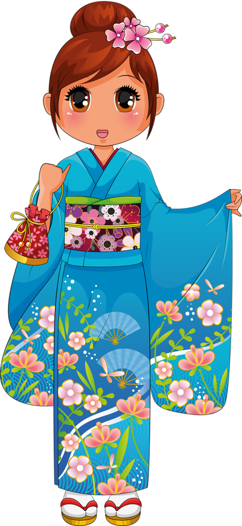 Animated Girlin Blue Kimono PNG with transparent background