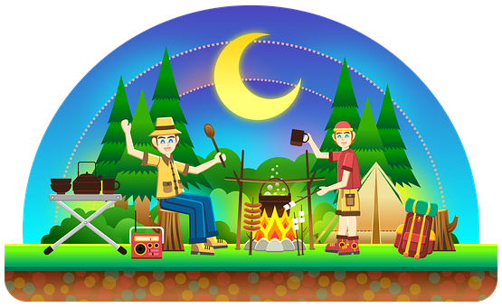 Animated Nighttime Camping Adventure PNG with transparent background