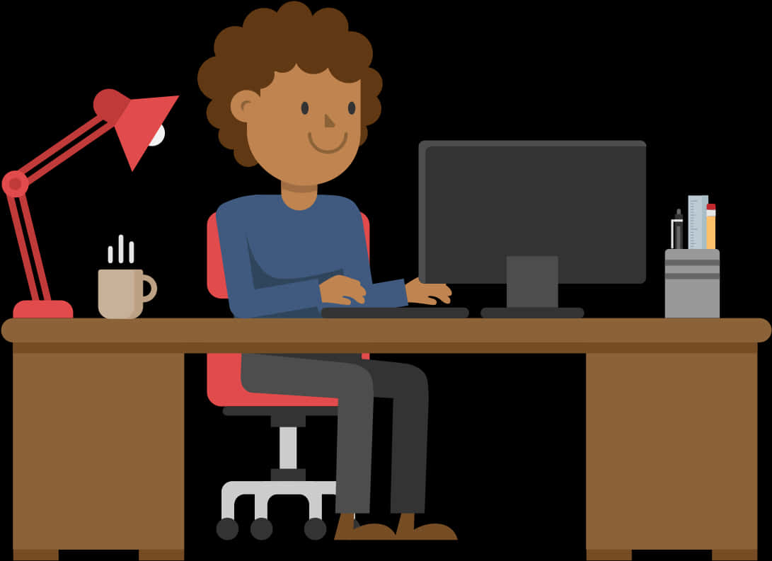 Animated Office Workerat Desk PNG with transparent background