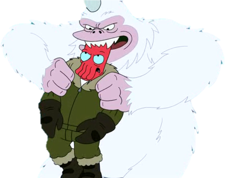 Animated Yeti Character Holding Red Mask