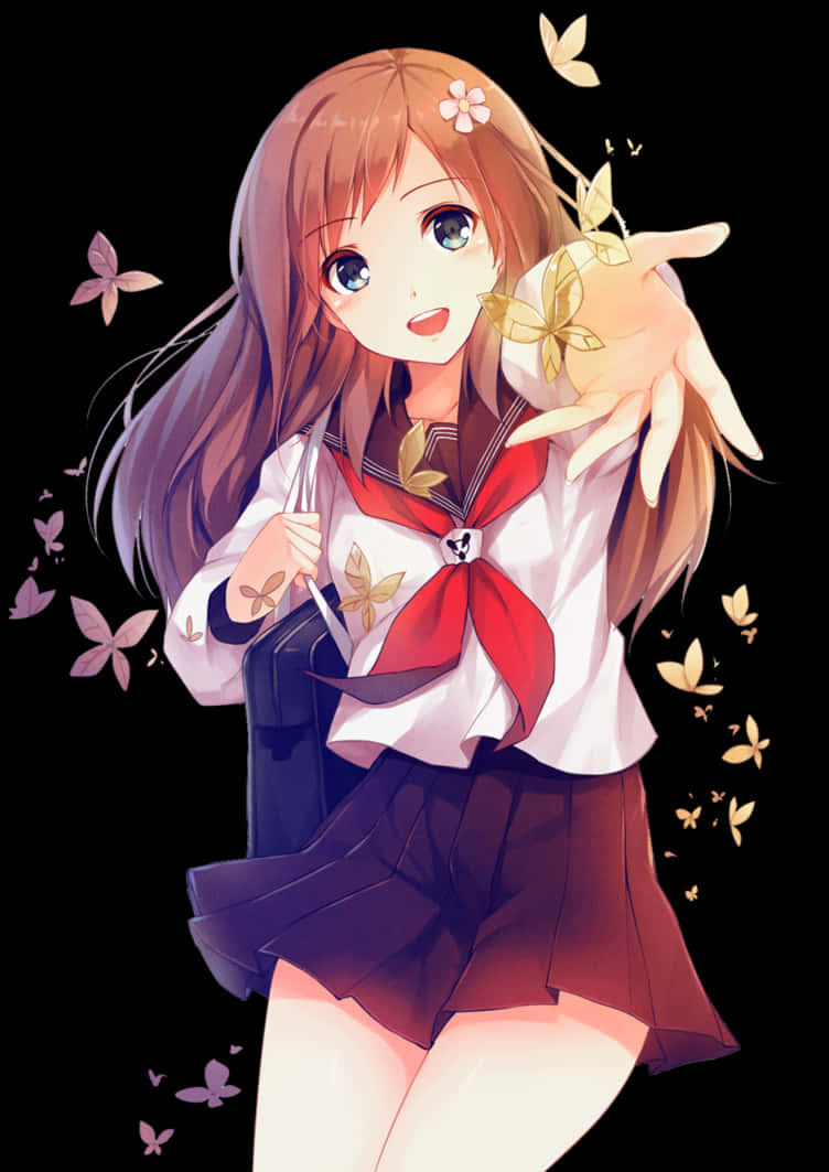 Anime Girl With Butterflyand Sakura