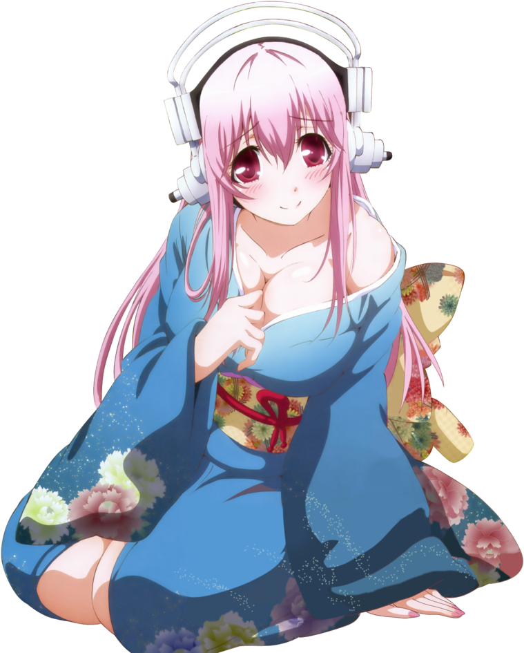 Anime Girlin Blue Kimonowith Headphones PNG with transparent background