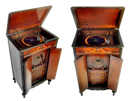 Antique Victrola Phonograph Twin View PNG with transparent background