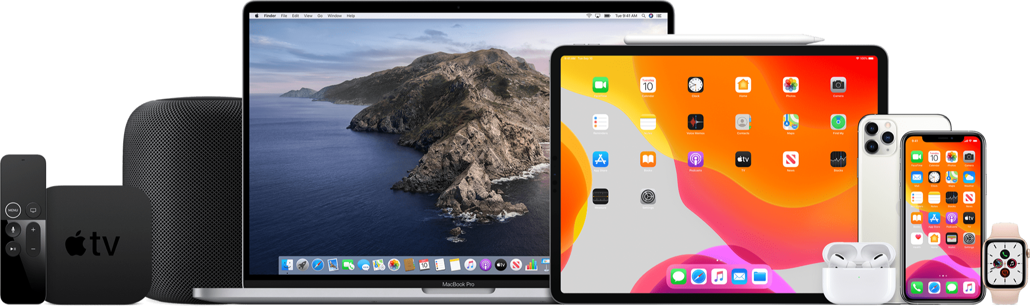 Image Of Apple Product Family - Iphone Airpods Apple Watch Mac Png, Transparent Png PNG with transparent background