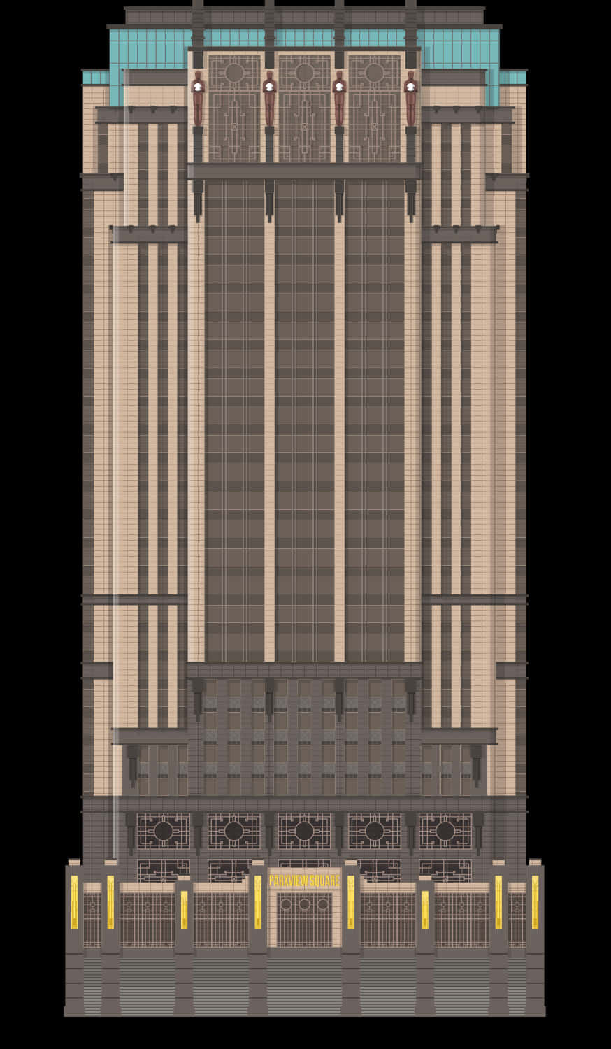 Art Deco Skyscraper Facade PNG with transparent background
