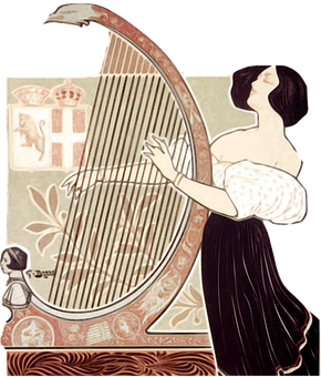 Art Nouveau Woman Playing Harp PNG with transparent background