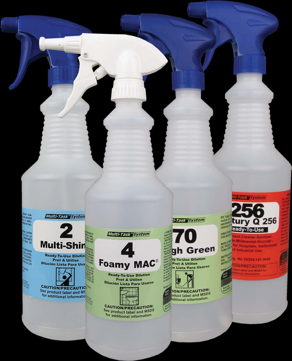 Assorted Cleaning Spray Bottles PNG with transparent background