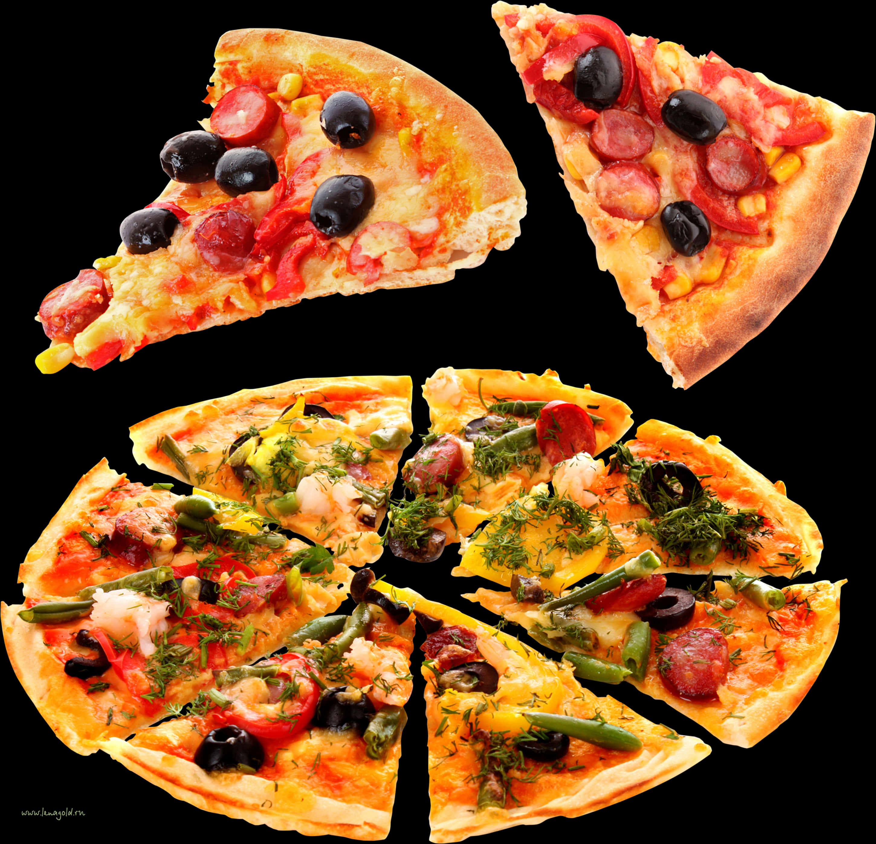 Assorted Pizza Slices Isolatedon Black