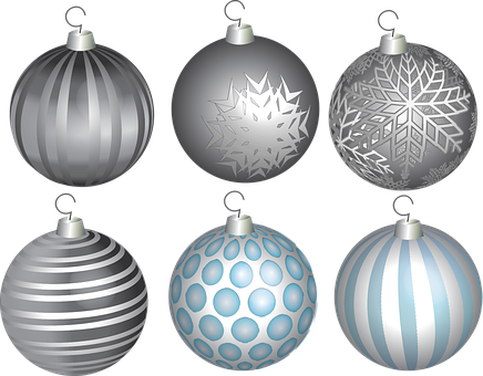 Assorted Silver Christmas Ornaments PNG with transparent background