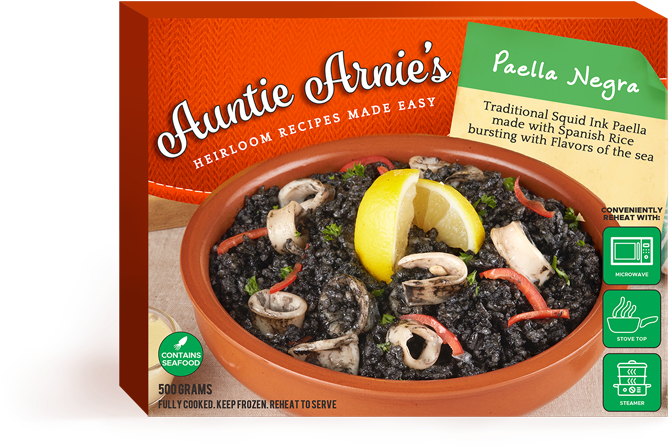 Auntie Arnies Frozen Paella Negra Packaging