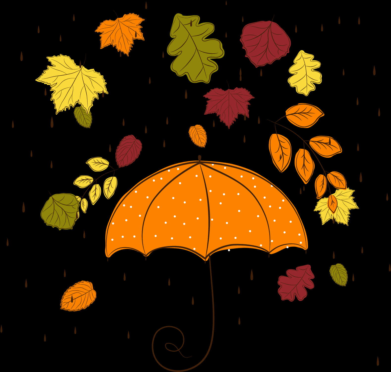 Autumn_ Rain_ Umbrella_and_ Falling_ Leaves PNG with transparent background