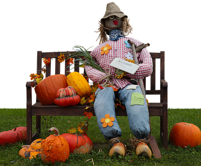 Autumn Scarecrowand Pumpkins PNG with transparent background