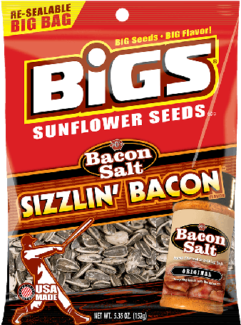 Bigs Sunflower Seeds Sizzlin Bacon Flavor Package PNG with transparent background