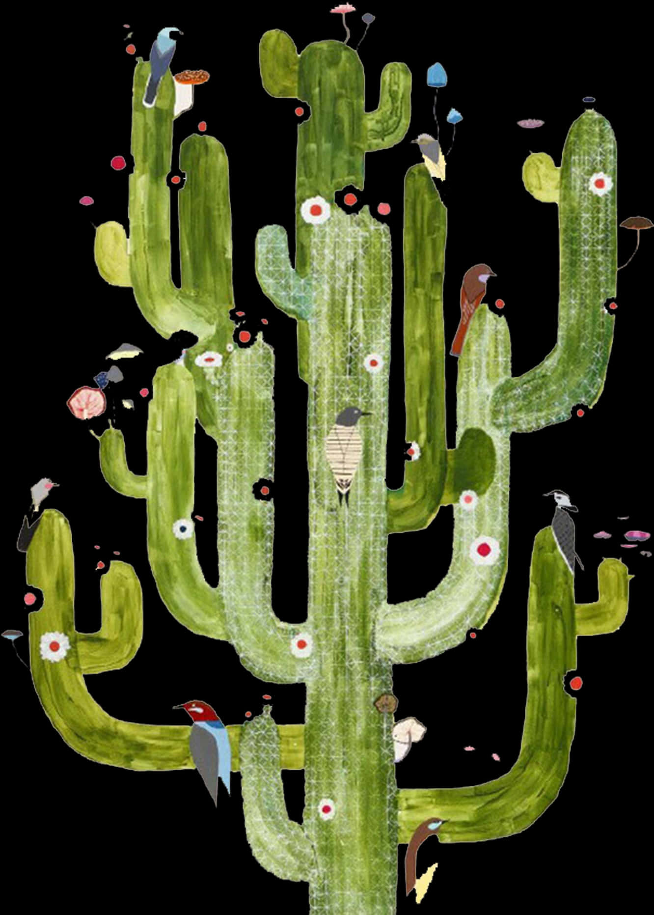 Birds Perchedon Saguaro Cactus Illustration PNG with transparent background