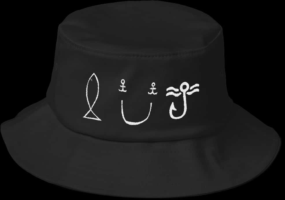 Black Bucket Hat Nautical Design PNG with transparent background