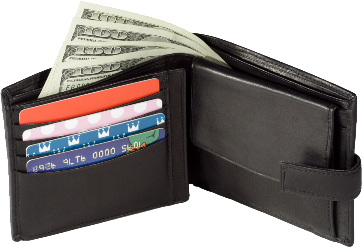 Black Leather Walletwith Cashand Cards PNG with transparent background