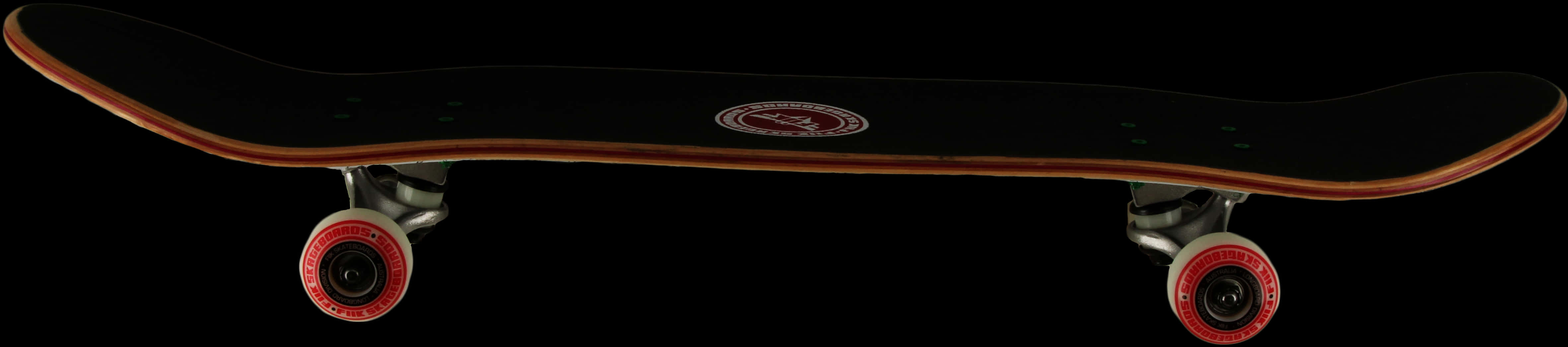 Black Skateboard Red Wheels Side View PNG with transparent background
