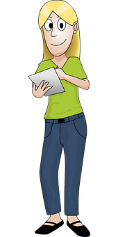 Blonde Cartoon Woman Holding Tablet