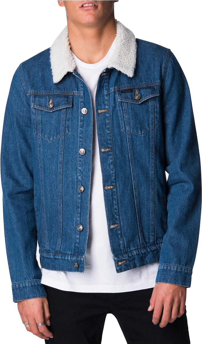 Blue Denim Jacketwith Shearling Collar PNG with transparent background