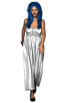 Blue Haired Animated Characterin White Dress PNG with transparent background