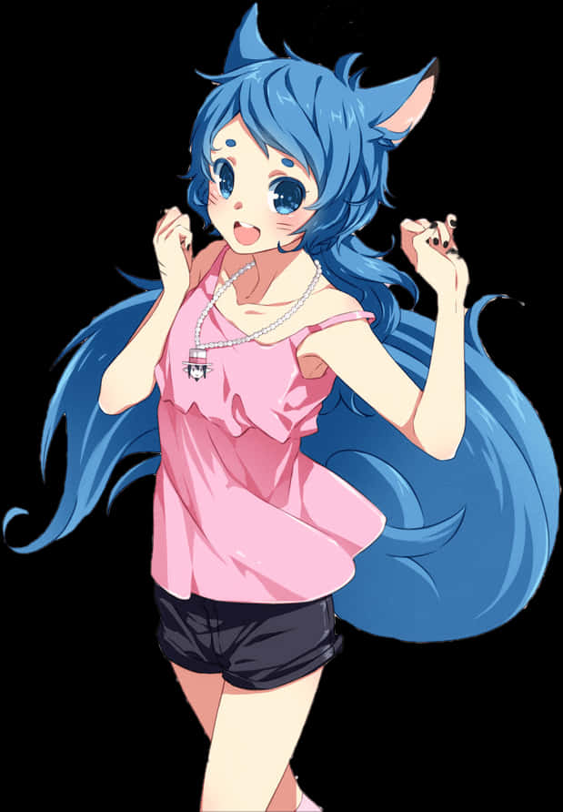 Blue Haired Anime Girlwith Fox Ears