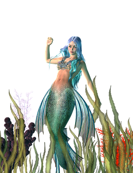 Blue Haired Mermaid Underwater PNG with transparent background