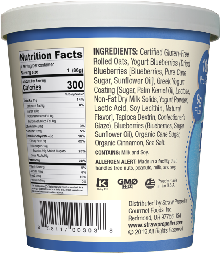 Blueberry Yogurt Oatmeal Nutrition Label