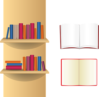 Bookshelfand Open Books Illustration PNG with transparent background