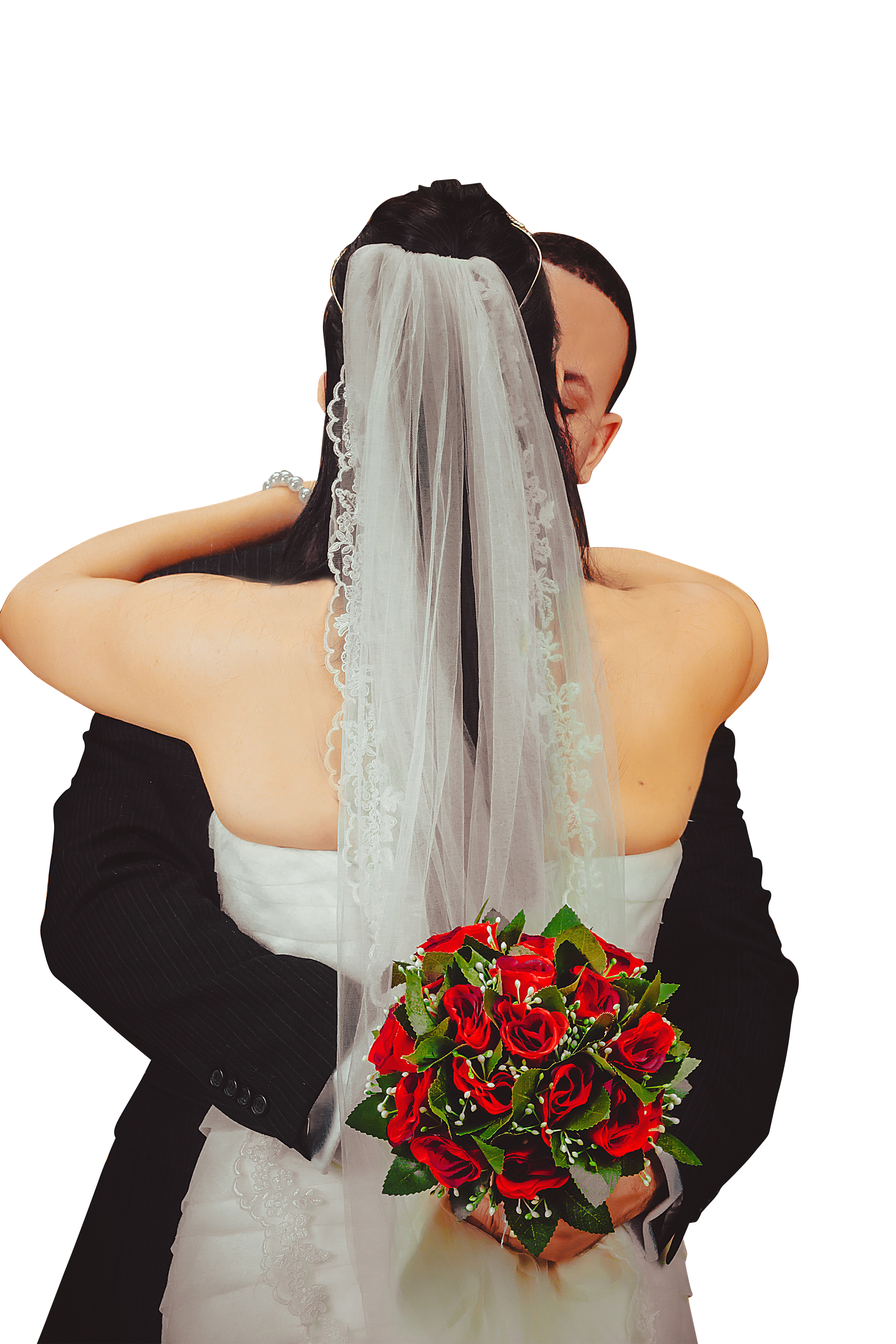 Brideand Groom Embracewith Bouquet PNG with transparent background